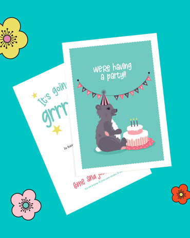 Kids Bear and Cake Birthday Invitation – 4 colourways