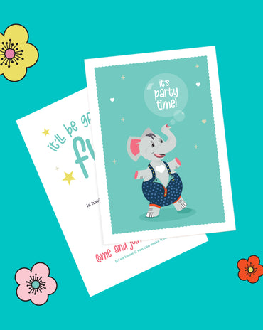 Kids Elephant Birthday Invitation – 5 colourways