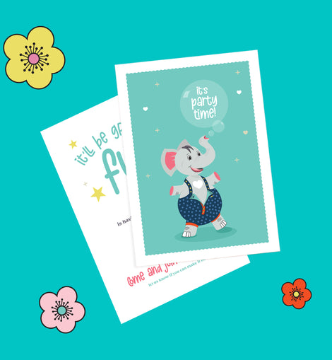 Kids Elephant Birthday Invitation – 5 colourways
