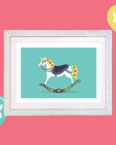 Kids Rocking Unicorn Room Print – 4 colourways (A4/A3)