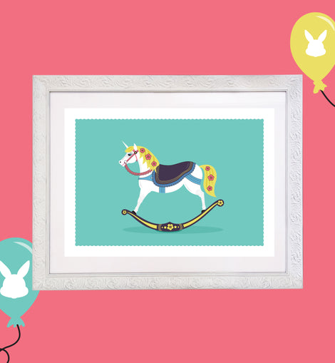 Kids Rocking Unicorn Room Print – 4 colourways (A4/A3)