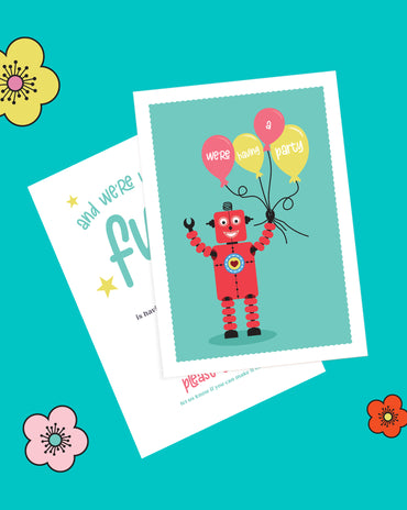 Kids Robot Birthday Invitation – 6 colourways