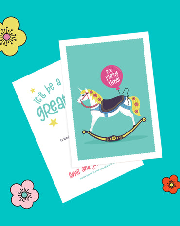 Kids Rocking Unicorn Birthday Invitation – 4 colourways