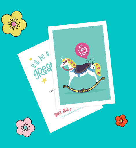 Kids Rocking Unicorn Birthday Invitation – 4 colourways