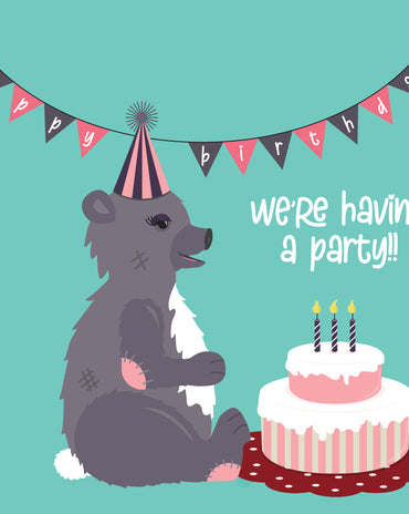 Kids Bear and Cake Birthday Invitation – 4 colourways